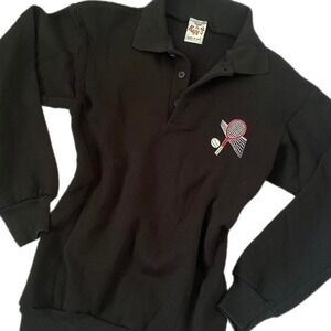 Vintage Tennis Racket Embroider Black Baggy Jo Women's Long Sleeve Polo Shirt w